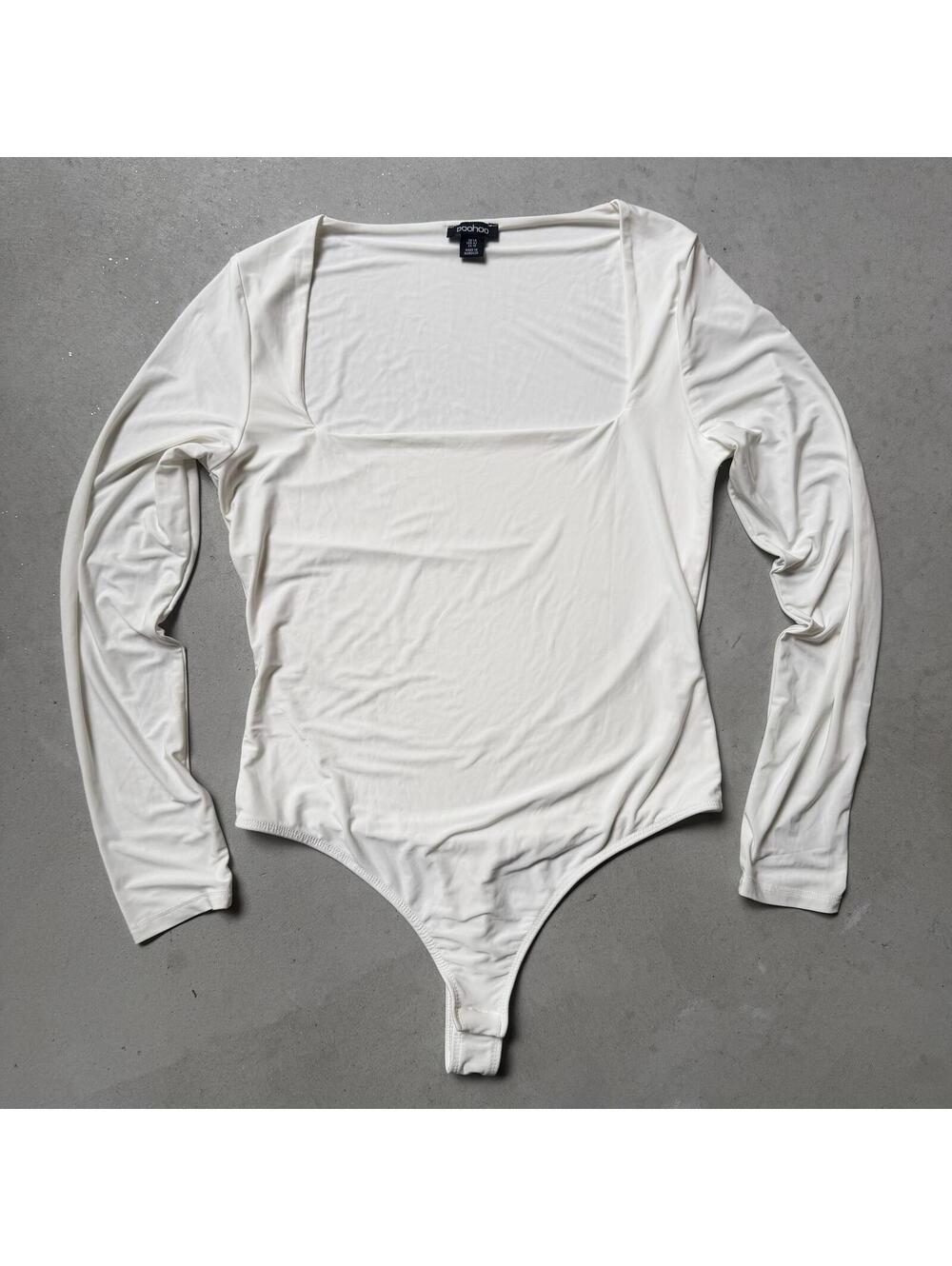 White Long Sleeve Bodysuit Top w/ Square Neck Size UK 14 US 10 Boohoo